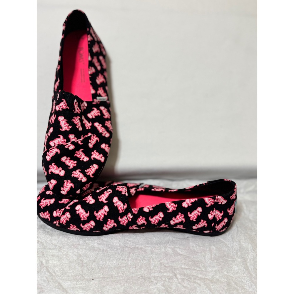 TOMS Women 7.5 Alpargata Black Pink Dinosaur Skeleton Canvas Slip On Flats - Picture 2 of 6